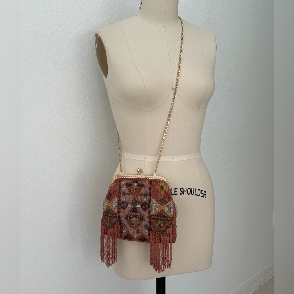 Hoss Intropia Beaded Evening Bag NWT KISS Lock Earthy Colors Tribal-Design Boho - Picture 7 of 9